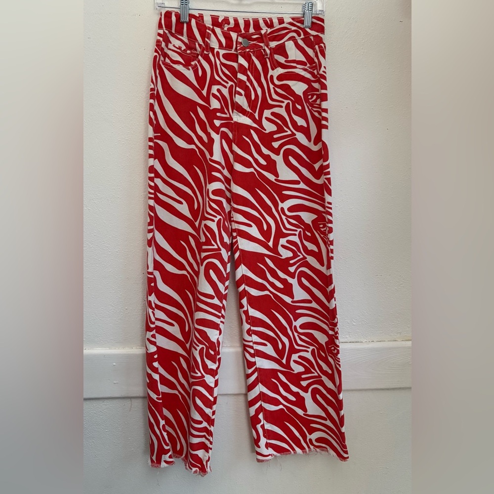 SHEIN Red & White Zebra Print Wide Leg Jeans | Size 2